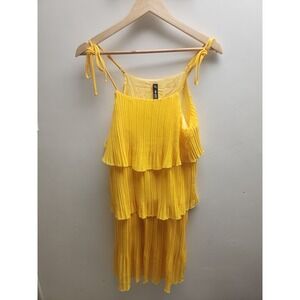 Design Lab Lord & Taylor Yellow Pleated Tiered Mini Dress Tie Strap Small